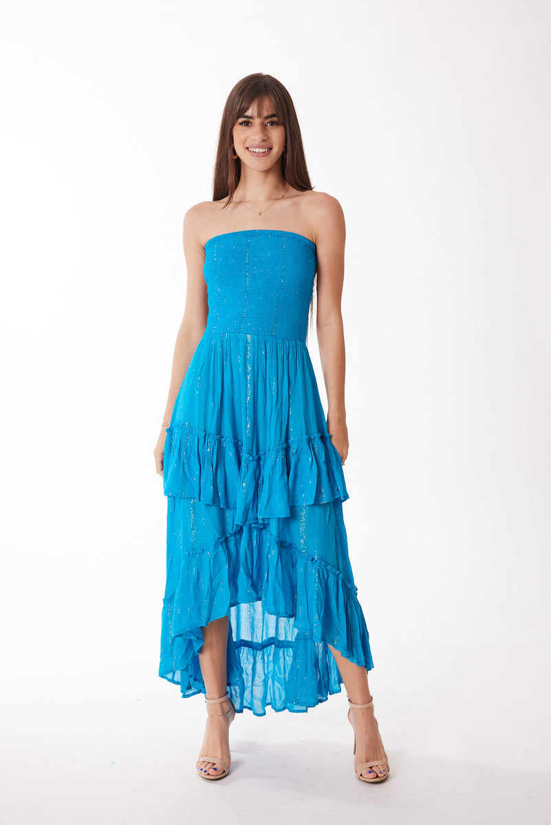 blue lurex dress Goddiva Plunge Neck Wrap Front Split Lurex Maxi Dress