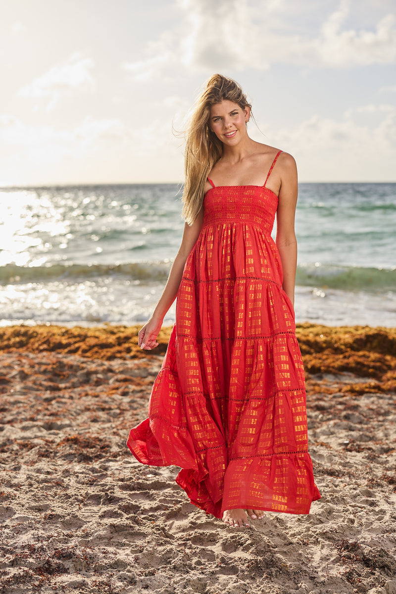 red maxi dress beach Red Floral Maxi Beach Dress with Self Tie main image 1