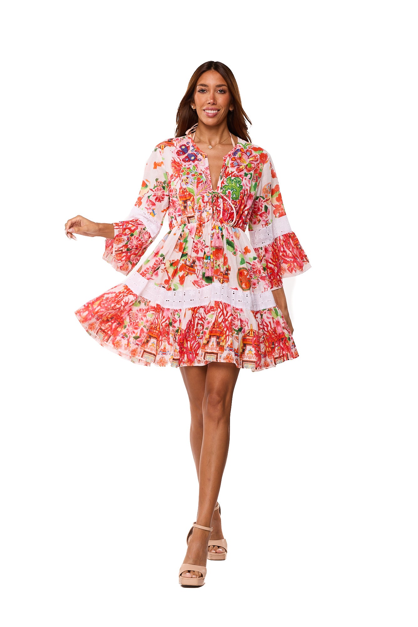 mini floral ruffle dress -2024-221 – Ranee's White Blue Ritual Color:Silver/Blush 28 Fabric Self Sky Blue Sweetheart A