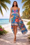 Tropical Blue Floral High-Low Maxi Dress-26512