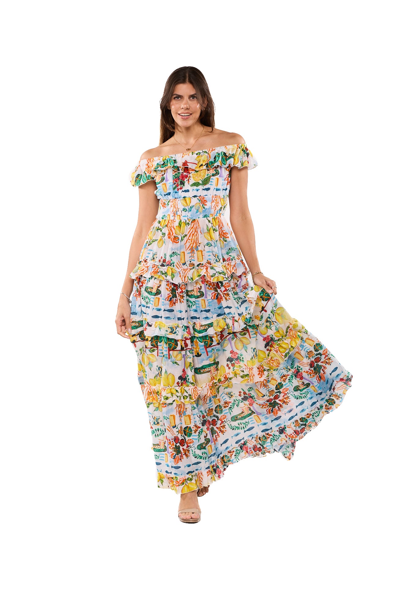 Positano Off-Shoulder Floral Maxi Dress-AKC-31819 l/xl / Yellow