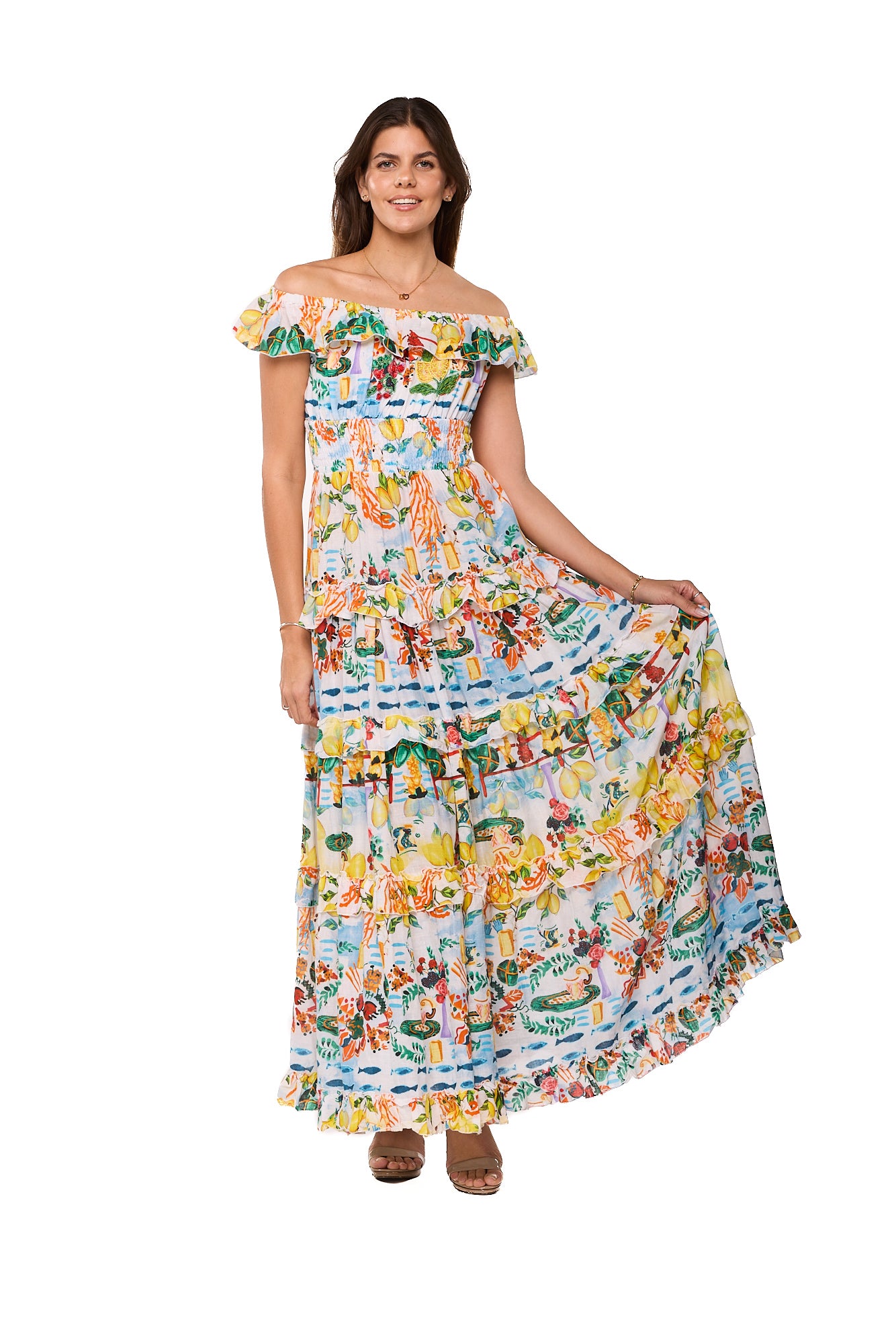 Positano Off-Shoulder Floral Maxi Dress-AKC-31819 l/xl / Yellow