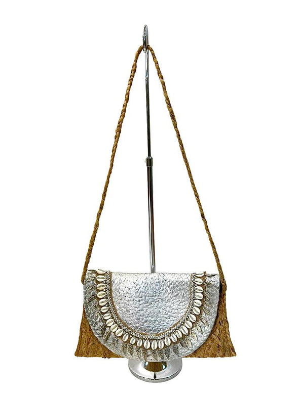 BG-01-1167 Silver Jute Clutch With Shells and Leaves