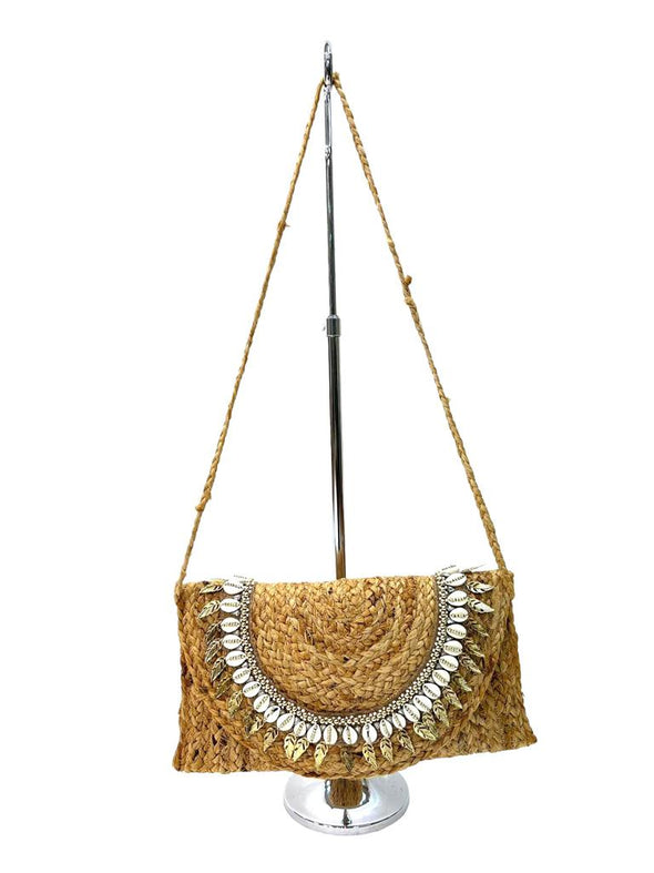 BG-01-1055 Natural Jute Clutch With Shells and Leaves.