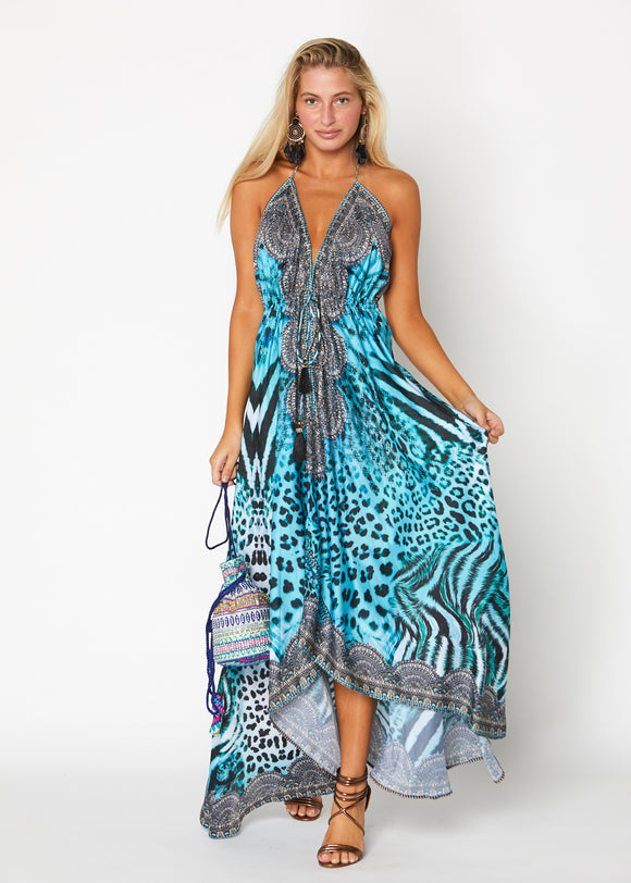 Blue Animal print halter Hawaii dress 649