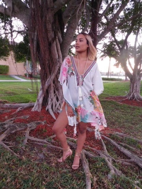 Boho Floral Cotton White short kaftan