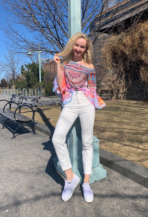 Spring pink tunic, off the shoulder style,