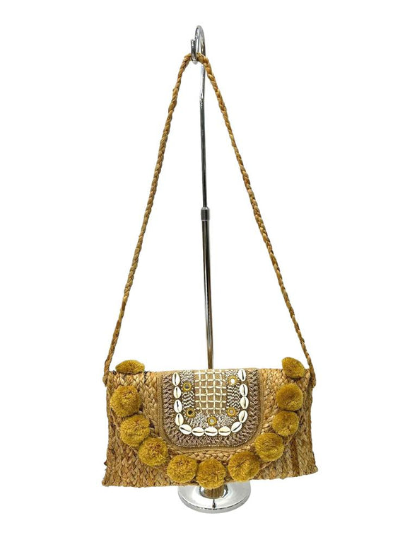 BG-01-1179 Natural Jute Clutch With Shells and Pompom
