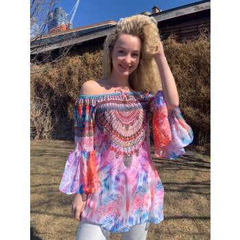 Spring pink tunic, off the shoulder style,