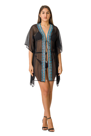 Black and Turquoise Embellished Kimono