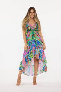 677 multicolor print high low dress