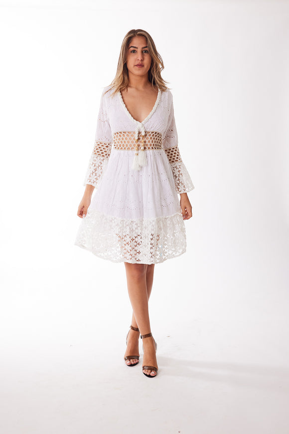 Classy women's dress, white and lace dress