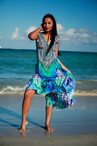 Sea blue high low dress.