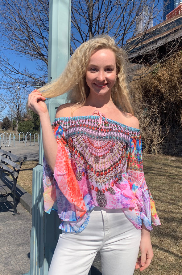 Spring pink tunic, off the shoulder style,