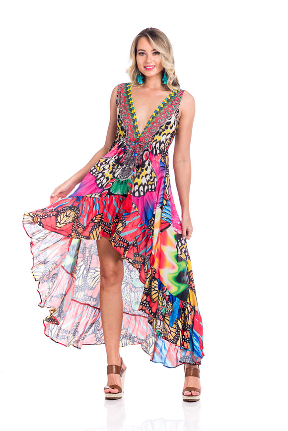 Butterfly multicolor high low dress