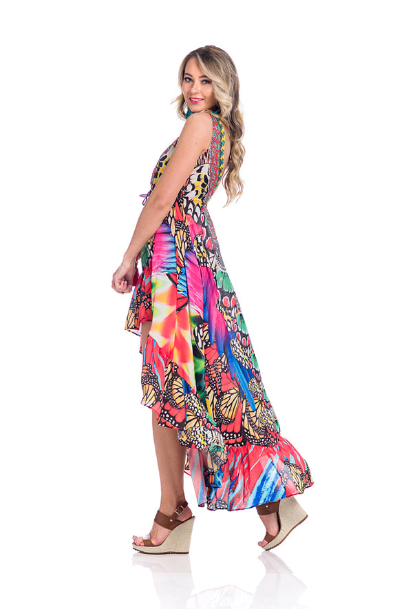 Butterfly multicolor high low dress