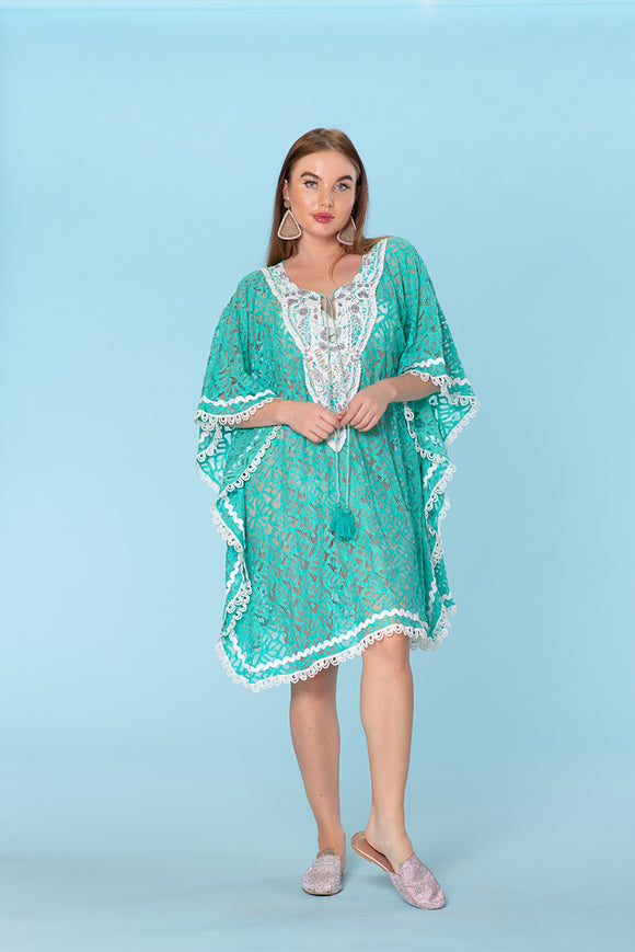 Classy Women's caftan, aqua and white lace