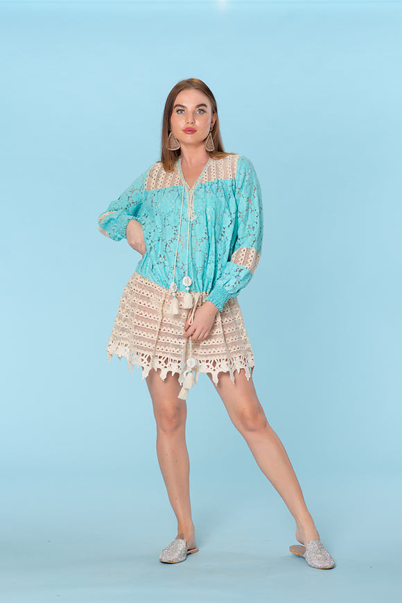 turquoise blue casual dress Short Turquoise Print Wedding Guest Dress with Sleeves Turquoise / Small