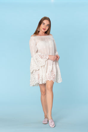White lace sexy dress, off shoulder holiday dress