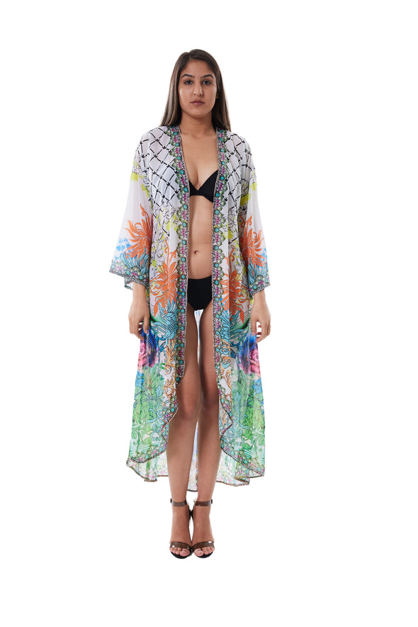 438 white muticolor floral duster