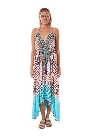 231 Teal Zebra halter dress