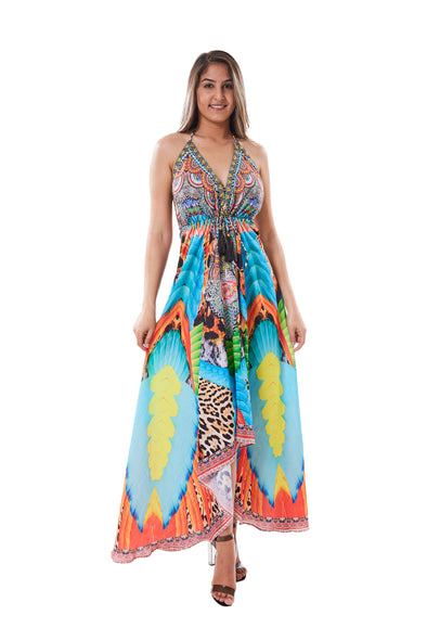 552 wild teal tropical halter dress