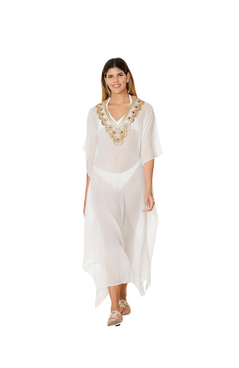 White and Gold Embellished Kaftan – Ranee's