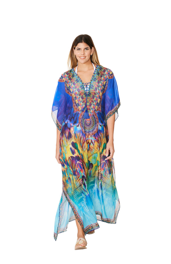 503 Blue Peacock Print long kaftan