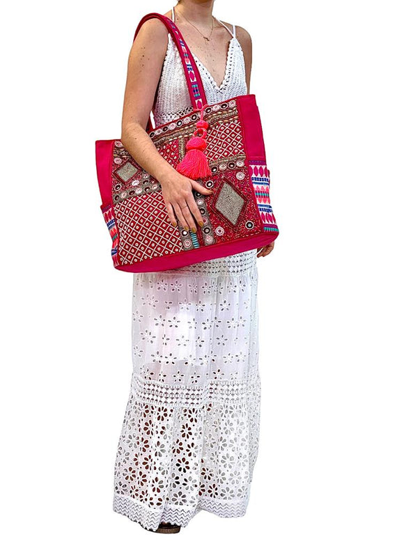 SB-008 Pink/Multicolor Embroidered Tote BACK IN STOCK