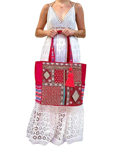 SB-008 Pink/Multicolor Embroidered Tote BACK IN STOCK