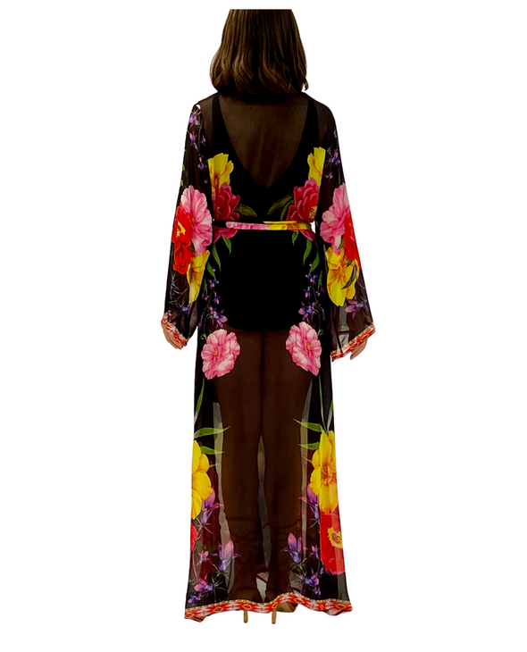 716 Floral Black Viscose Silk kimono